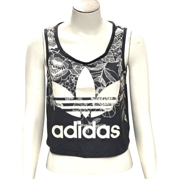 Adidas Originals Trefoil Crop Tank Floral Graphic Black White Large Athleisure - Picture 2 of 13